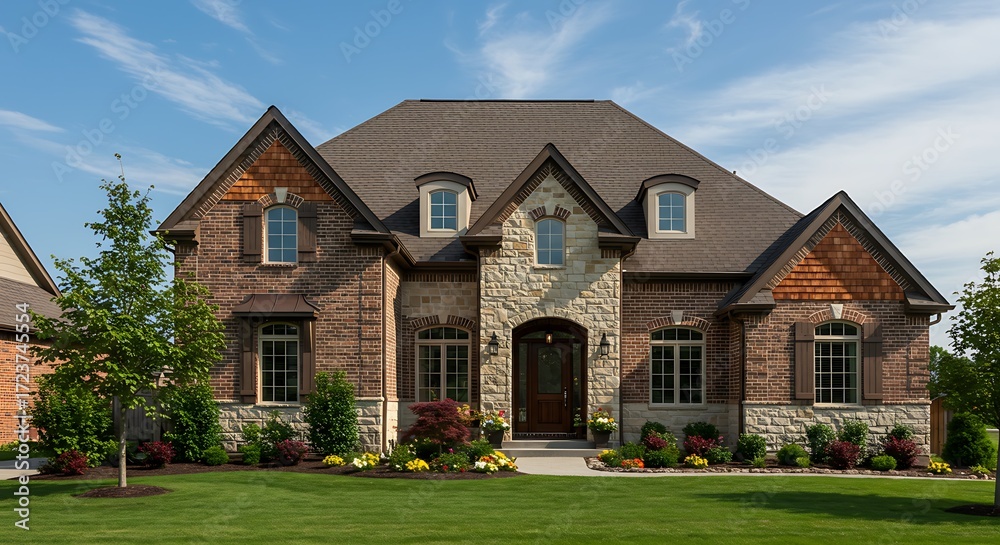 Obraz premium Suburban brick and stone home with cedar roof