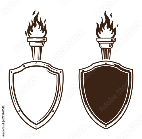 Emblemic design featuring shields and torches in a stylish vintage monochrome illustration