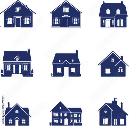 Set of Nine House Silhouettes Vector Icons: Residential Real Estate and Home Property Design