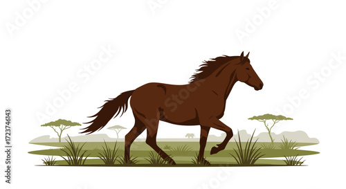 Majestic Brown Horse Trotting in a Grassy Field Illustration.