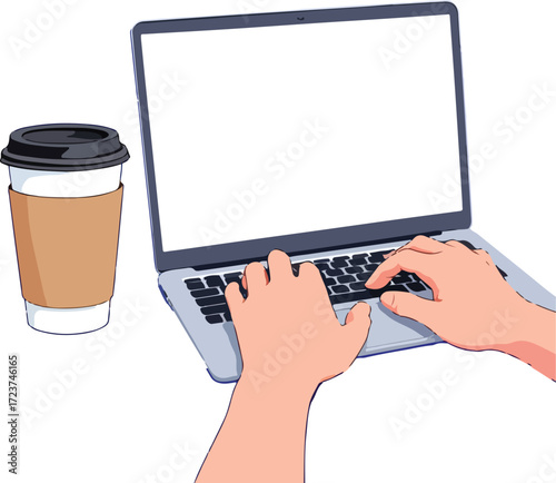 Hands Typing on Laptop with Coffee Cup Vector Illustration: Work from Home and Technology