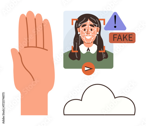 Hand gesture stopping AI, facial recognition screen warning about fake identity, cloud element. Ideal for AI ethics, biometrics, fraud detection, data privacy, cybersecurity, human rights