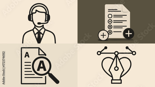 Customer Support, Document Review, Graphic Design, Checklist, Workflow, Business, Support, Service, Help, Technical, Icons, Vector, Illustration, Modern, Minim