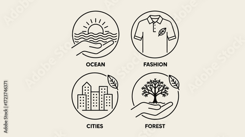 Eco-Friendly Fashion, City, Ocean Forest Icons