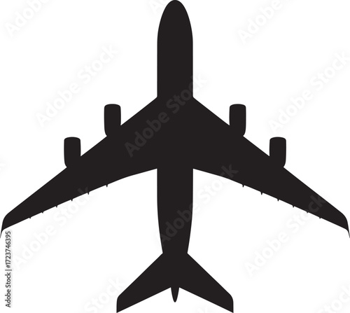 Silhouette of a large passenger airplane viewed from above on white background Keywords: airplane