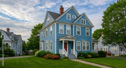 Picturesque family home with blue siding and white trim in brighton massachusetts usa