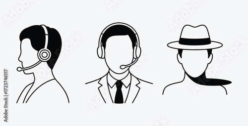 Outline illustration of three people in different professions and attires