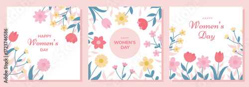 March 8, Women's day cards with flowers. Templates for posters, greeting cards, invitations, covers for Women's day.