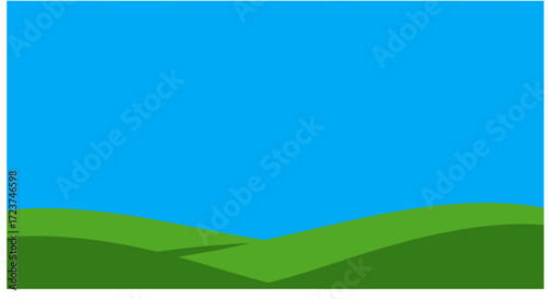 Minimalist Landscape with Rolling Green Hills and Blue Sky.