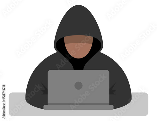 Flat illustration of a hacker in a hoodie working on a laptop, representing cybercrime, data theft, and online security threats. Hacker in hoodie. Cybercrime illustration. Anonymous hacker laptop.