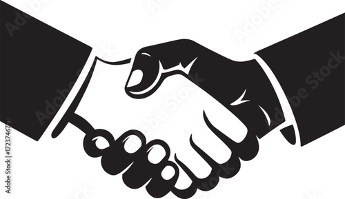 Silhouette of two hands shaking in agreement on white background Keywords: handshake, agreement