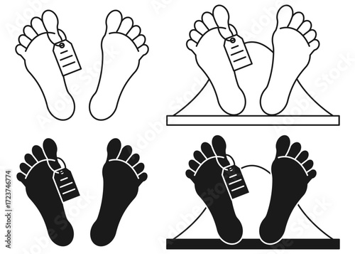 Set of graphic morgue illustrations showing human feet with toe tag for autopsy or crime themes. Morgue feet with tag. Dead body feet icon. Forensic autopsy illustration. Crime scene morgue symbol.