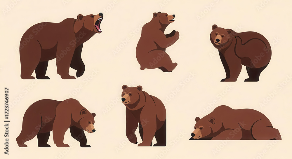 Obraz premium Brown bear illustrations showcasing various poses and expressions, highlighting the majestic creature's features and playful nature during Fat Bear Week celebration