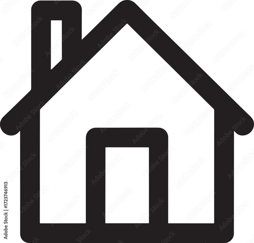 Simple black and white line drawing of a house icon with a chimney home building