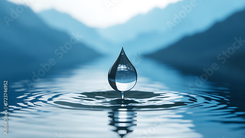 A single water droplet suspended above a calm lake, reflecting the surrounding mountains and sky.