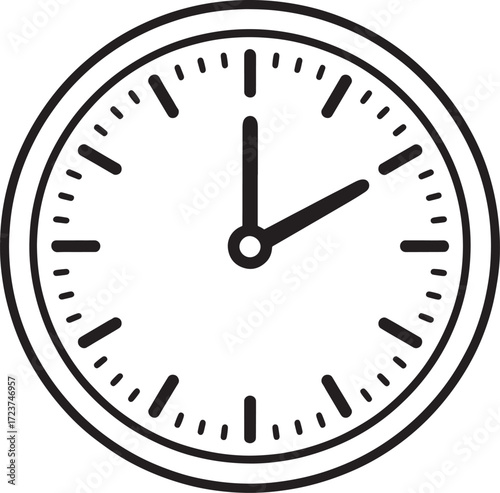 Simple black and white line drawing of a round analog clock face time watch