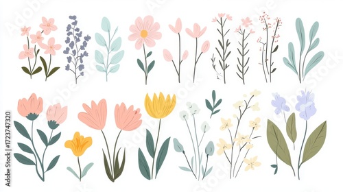 A collection of charming, stylized floral elements and botanical illustrations in pastel colors, perfect for decorative design