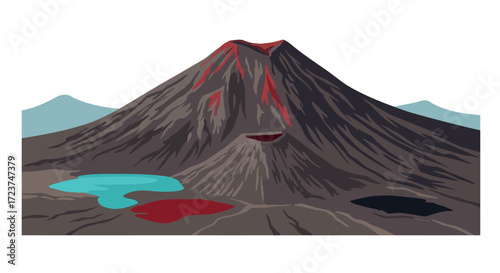 Illustrated Volcano Landscape with Lava Flow and Crater Lake.