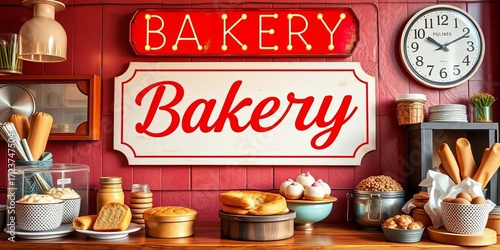 Retro-styled bakery banner with vintage signage and baked goods,   pie,  design