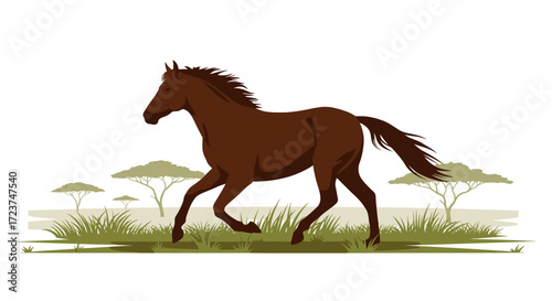 Animated Brown Horse Trotting in a Grassy Field with Trees.