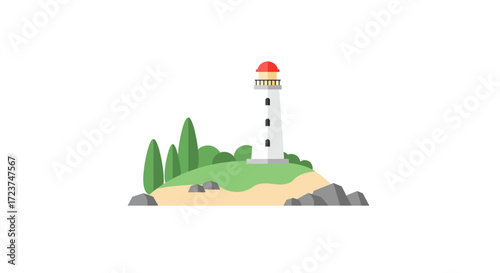Coastal Lighthouse on Green Hill with Trees and Rocks Illustration.