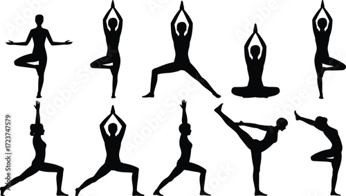 Yoga poses silhouette set, women practicing meditation and fitness exercises vector, healthy lifestyle workout illustration, spiritual balance body mind design