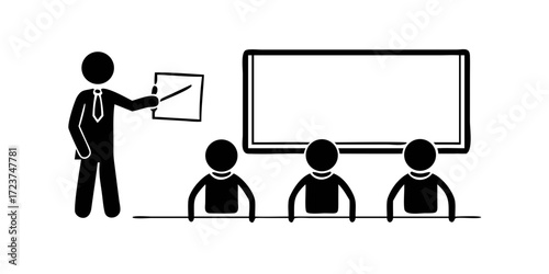 Illustration of a teacher presenting to students with a whiteboard and chalkboard in black and white outline.