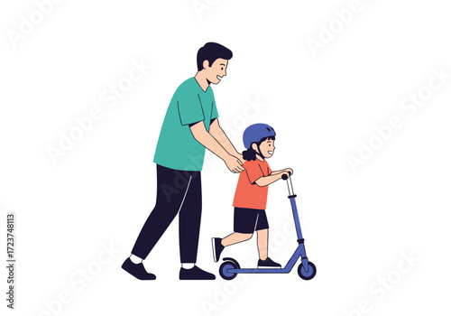A father helps his child learn to ride a scooter wearing a helmet.