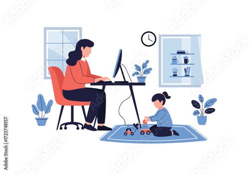 Mother working from home while child plays nearby.