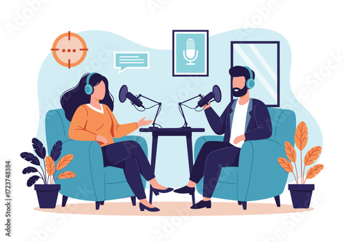 Two people having a podcast interview in a studio.