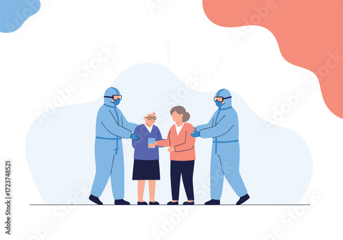 Healthcare workers assisting elderly patients during a health crisis.