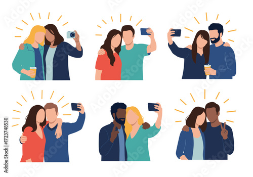 People taking selfies together with cameras and phones.