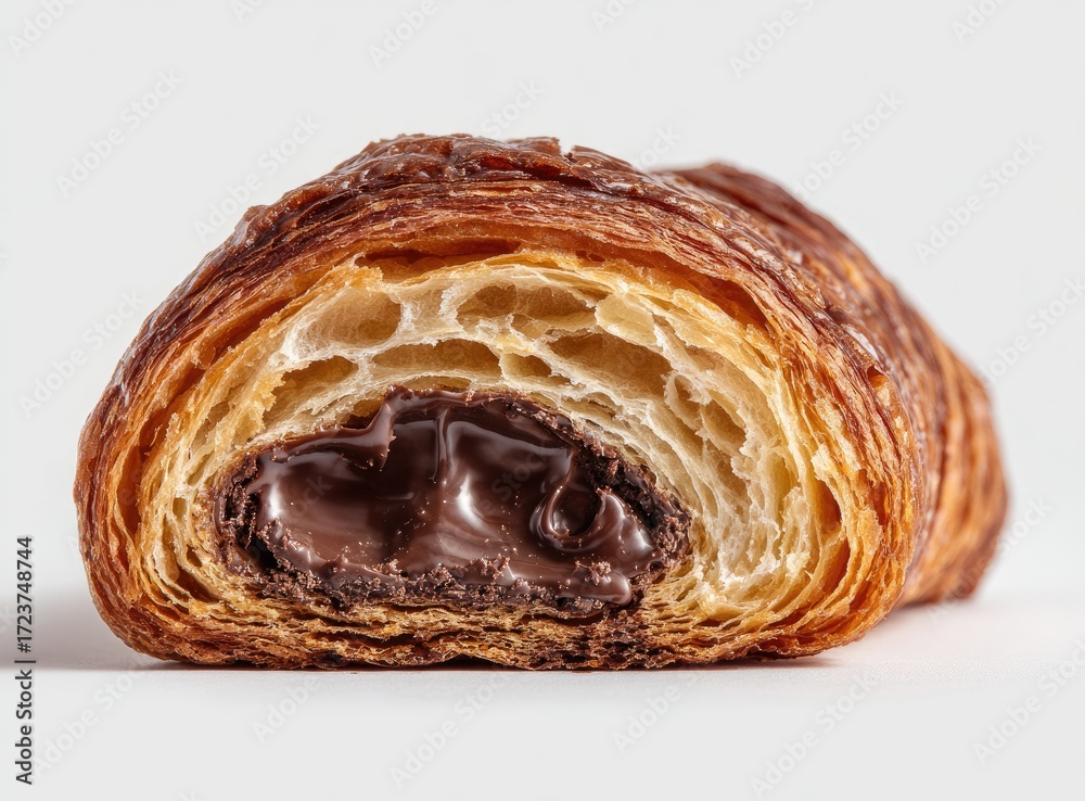 Fototapeta premium Close-up of a half-cut chocolate croissant. A golden-brown, flaky croissant is sliced in half, revealing a generous filling of melted chocolate. 