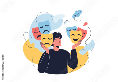 A person holding two masks one happy and one sad.
