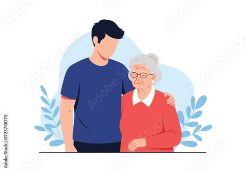Young man with his arm around an elderly woman showing care and support.