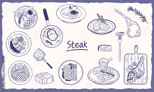 steak cuisine dish food illustration hand drawn sketch - vector collection line art
