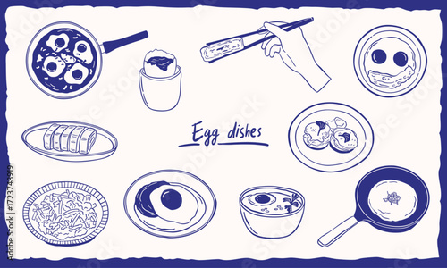 egg dishes fried - boiled - hand drawn sktech illustration - collection set - vector line art
