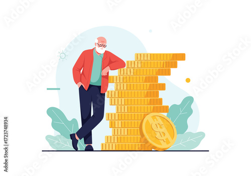 An older gentleman stands confidently beside a tall stack of gold coins.