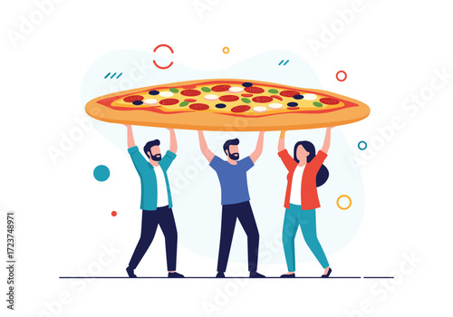 Three friends holding up a giant pizza together.