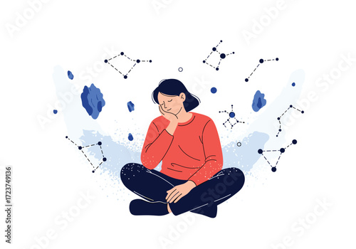A woman sits meditating surrounded by a constellation of stars.