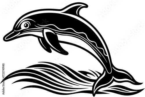 Graphic black and white dolphin jumping over stylized ocean waves illustration