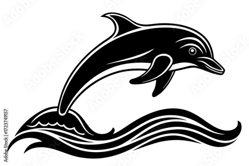 Stylized black and white dolphin leaping from ocean waves in graphic design art
