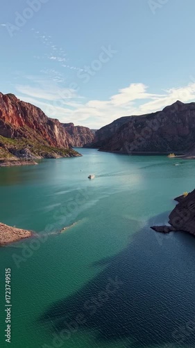 Aerial view of the Valle Grande, in Atuel Canyon, San Rafael, Argentina. Vertical video.
