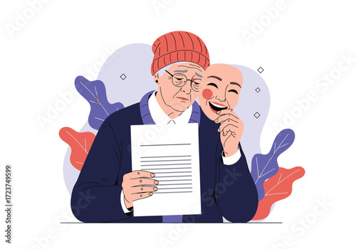 Elderly person wearing a mask while holding a document.