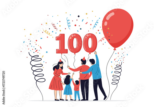 A joyful family celebrates a special one hundredth anniversary with balloons and confetti.