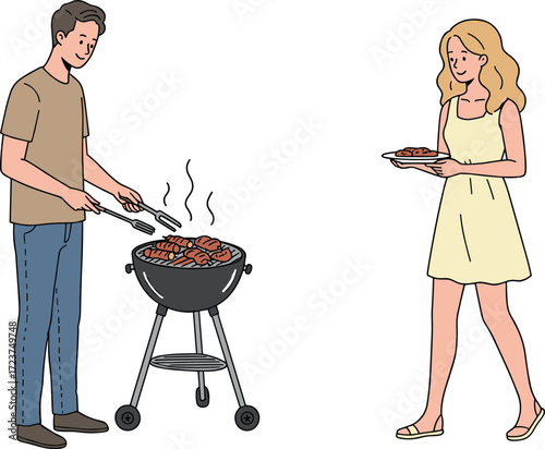 Couple grilling meat on barbecue grill outdoors, man cooking while woman brings plate of food, summer picnic flat vector illustration