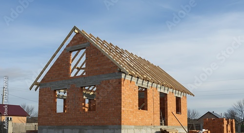 Wallpaper Mural Building a house. the frame of the house. cottage. the beginning of the construction of the cottage. the house is made of red brick with a frame for the future roof Torontodigital.ca