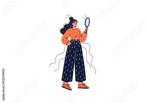 A woman looks into a mirror to admire herself.