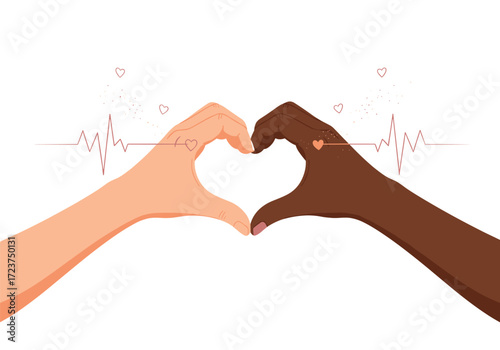 Two hands forming a heart shape with different skin tones showing unity and love.