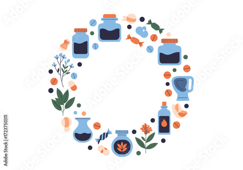 A whimsical circular arrangement of bottles tinctures and herbs.